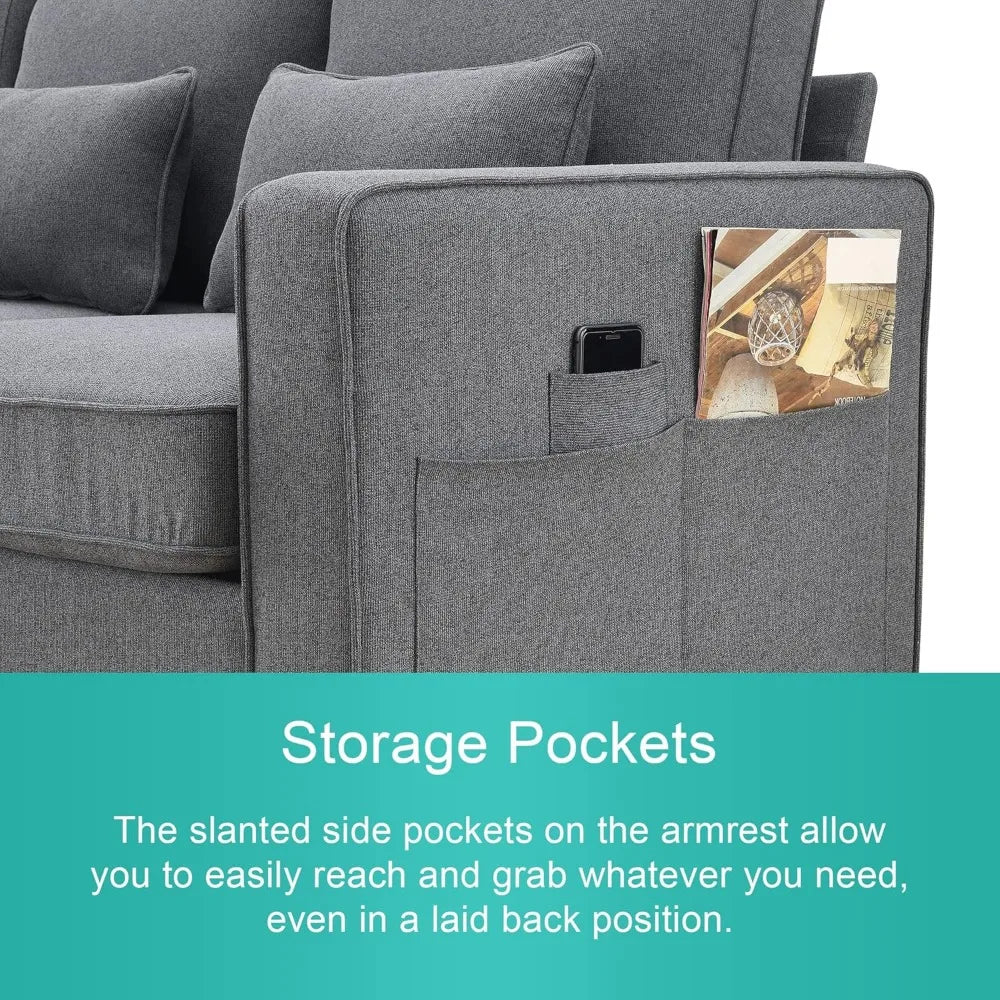 104 Inch Modern 4-Seater Linen Sofa with Pillows and Pockets