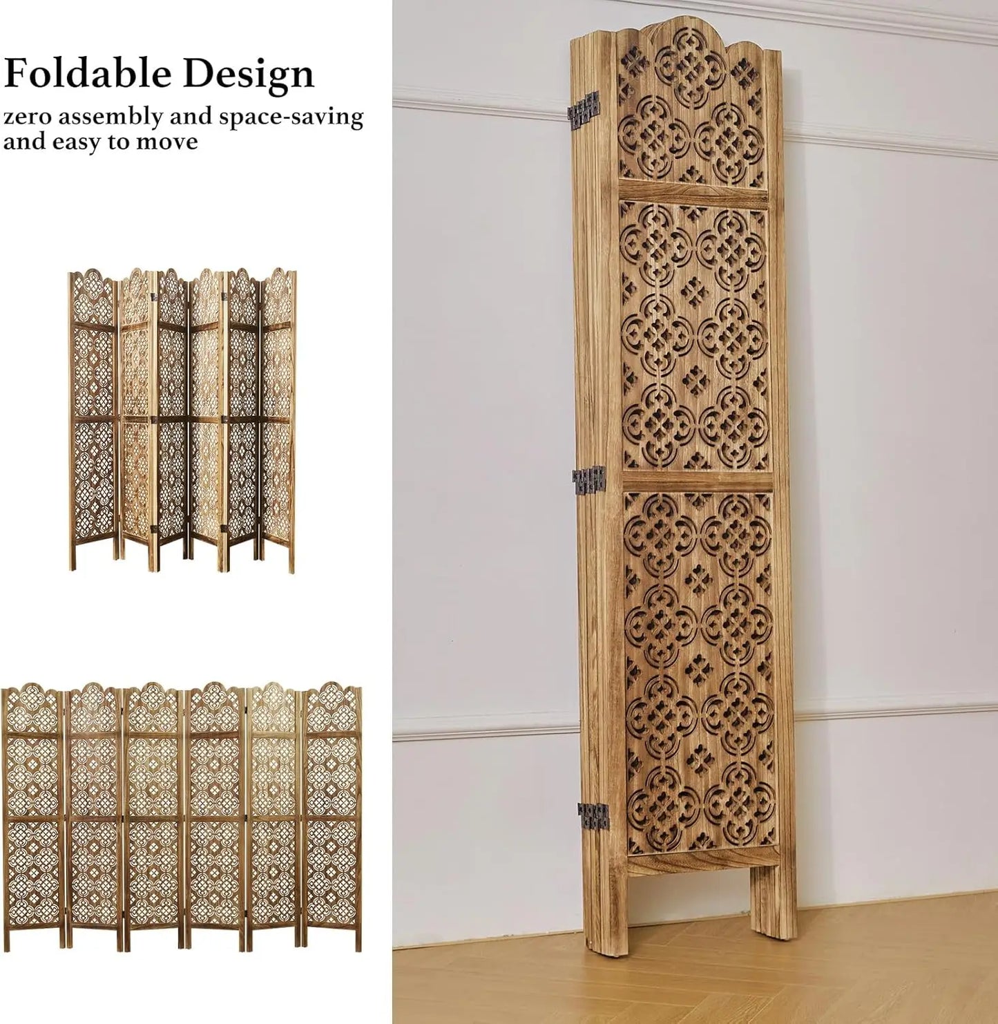68.9Inch Folding Room Divider 6Panel Carved Privacy Screens