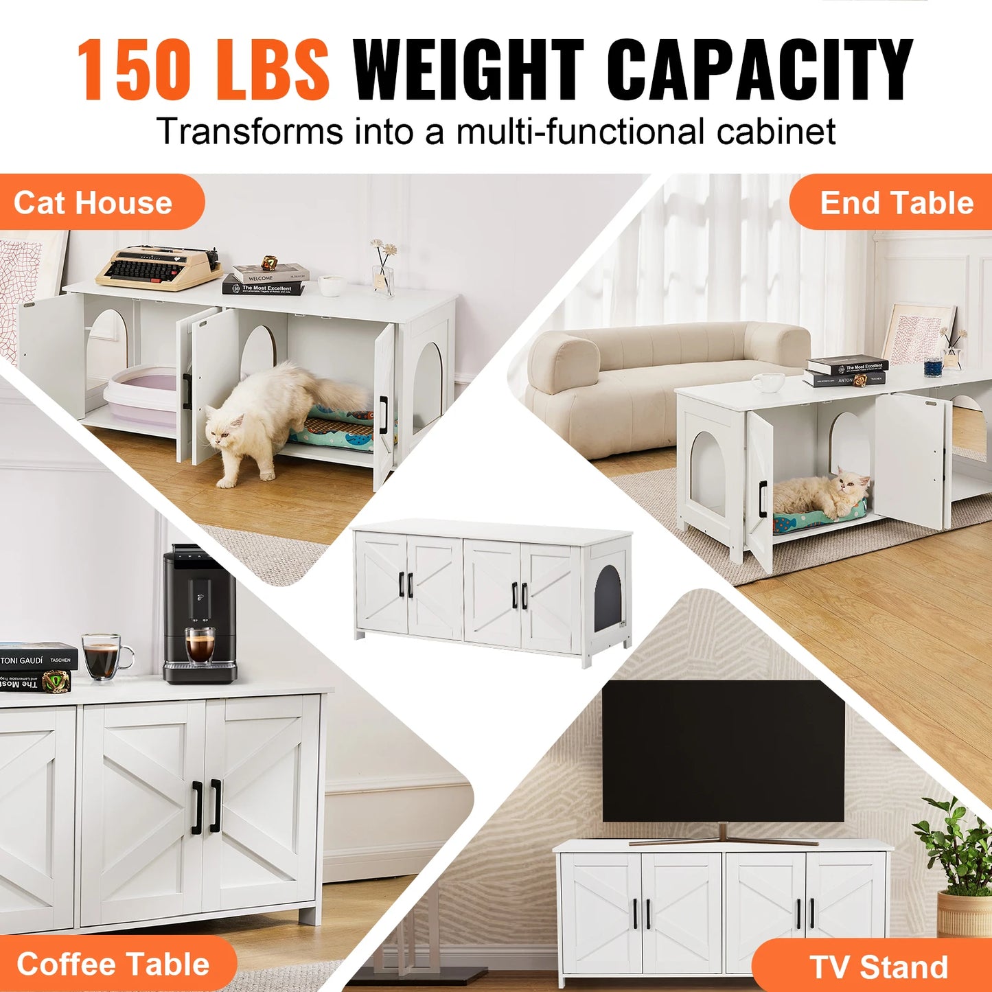 SucceBuy White Cat Litter Box Enclosure for Two Cats