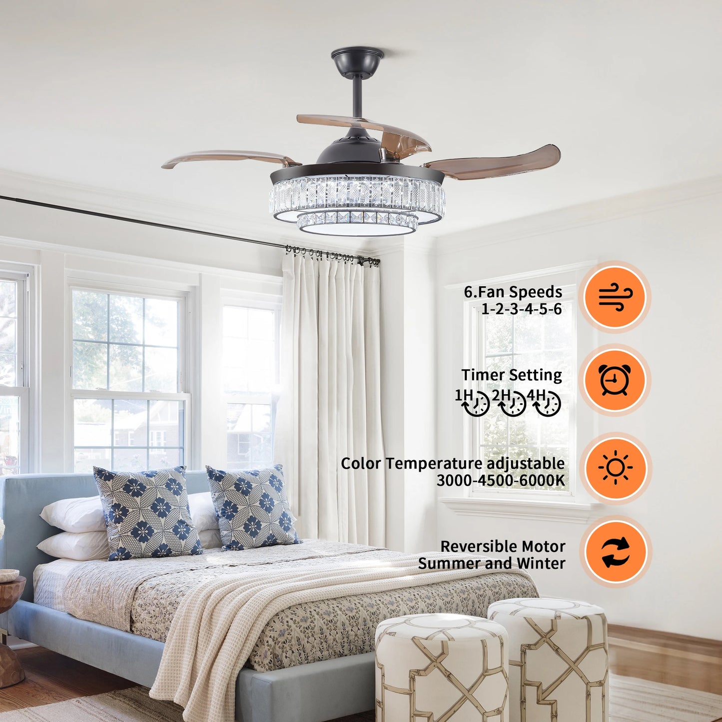 ARLGSITE Crystal LED Ceiling Fan Light With Remote Control Timer