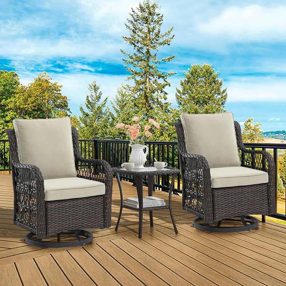 HiMISS 3-Piece Wicker Patio Set Swivel Rocking Chairs Glass Table