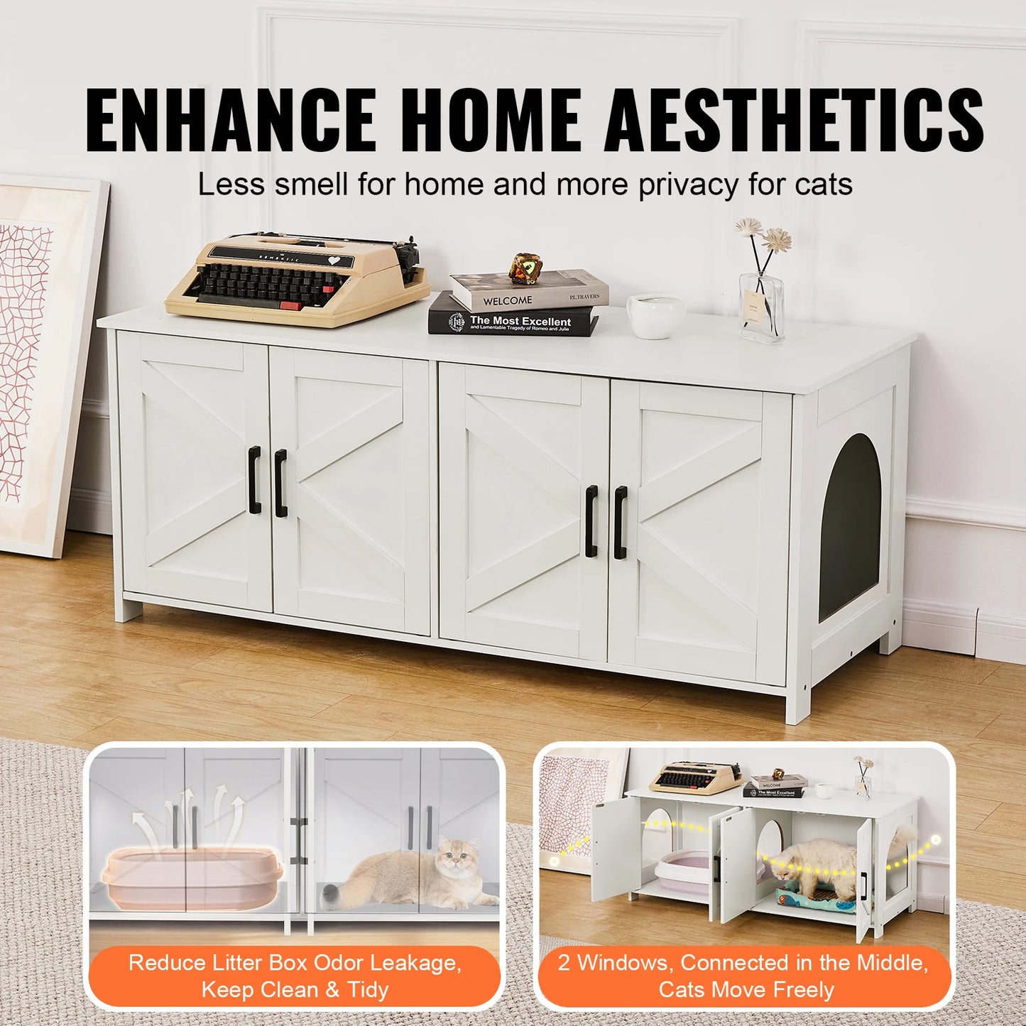 SucceBuy White Cat Litter Box Enclosure for Two Cats