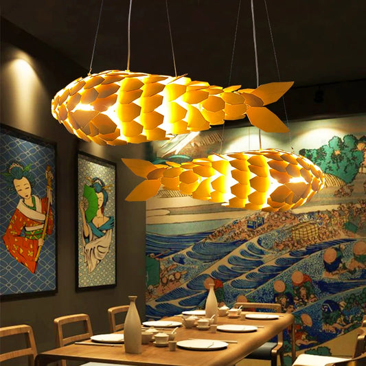 Fish Shape Wood Ceiling Pendant Lamp Handwoven Restaurants