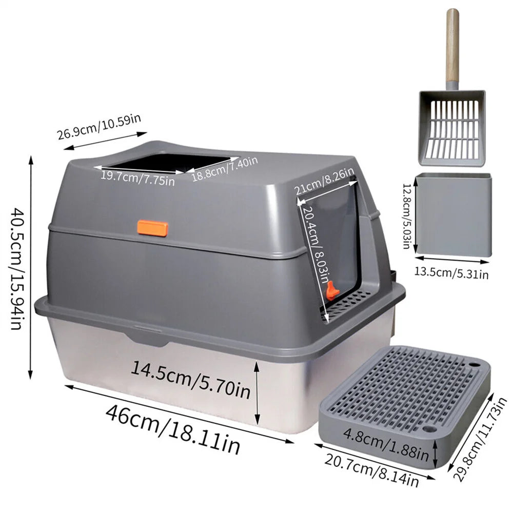 XXL Enclosed Stainless Steel Cat Litter Box with Lid