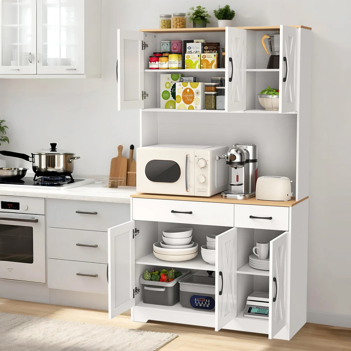Huisenitre Freestanding Pantry Cabinet With Charging Station Adjustable Shelves
