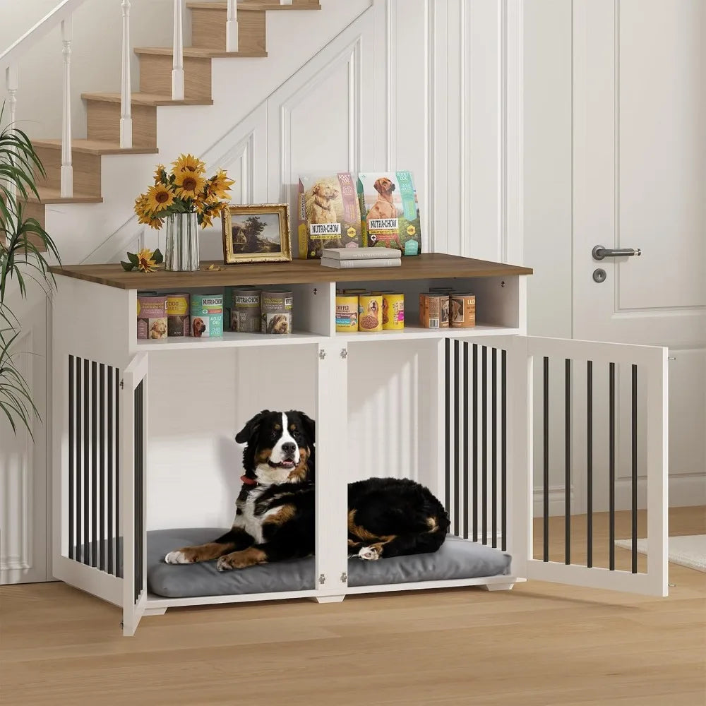 Double Dog Wooden Crate With Removable Partition And Shelf