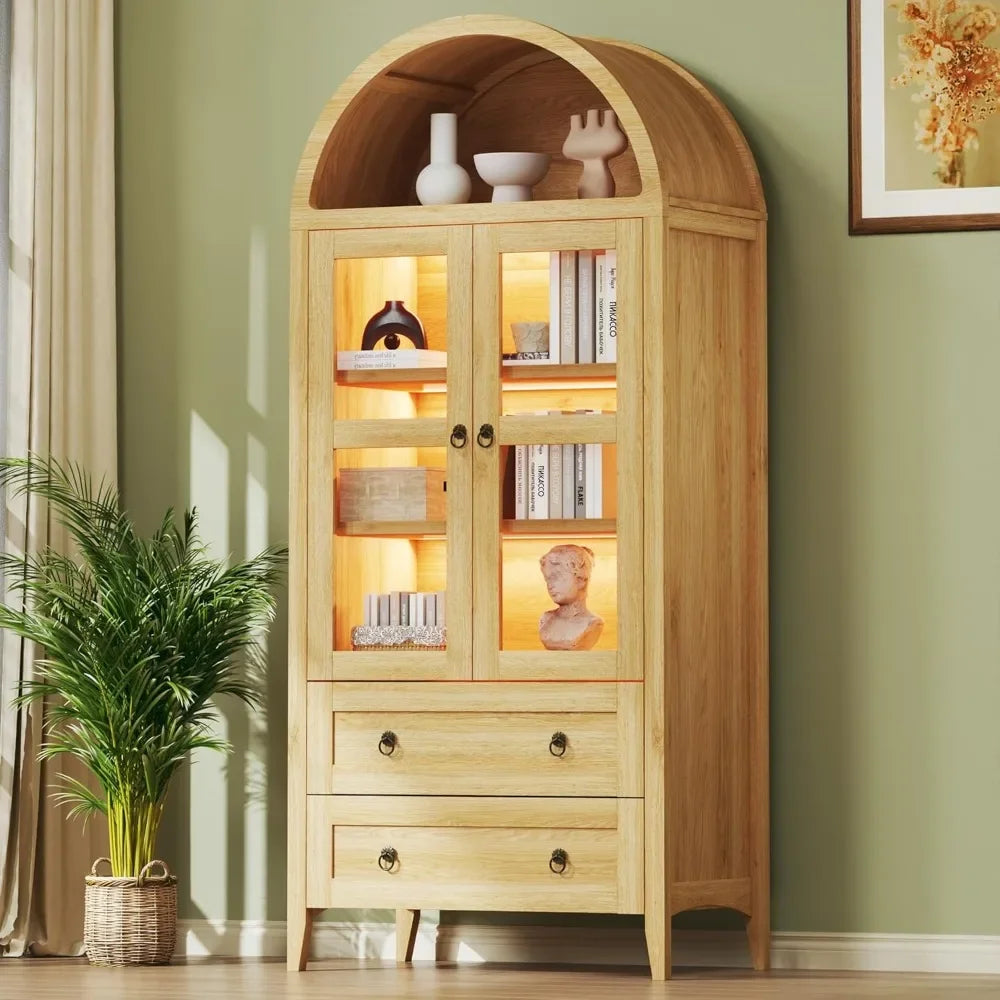 Arched Pantry Cabinet With LED Lights Two Drawers Adjustable Shelves