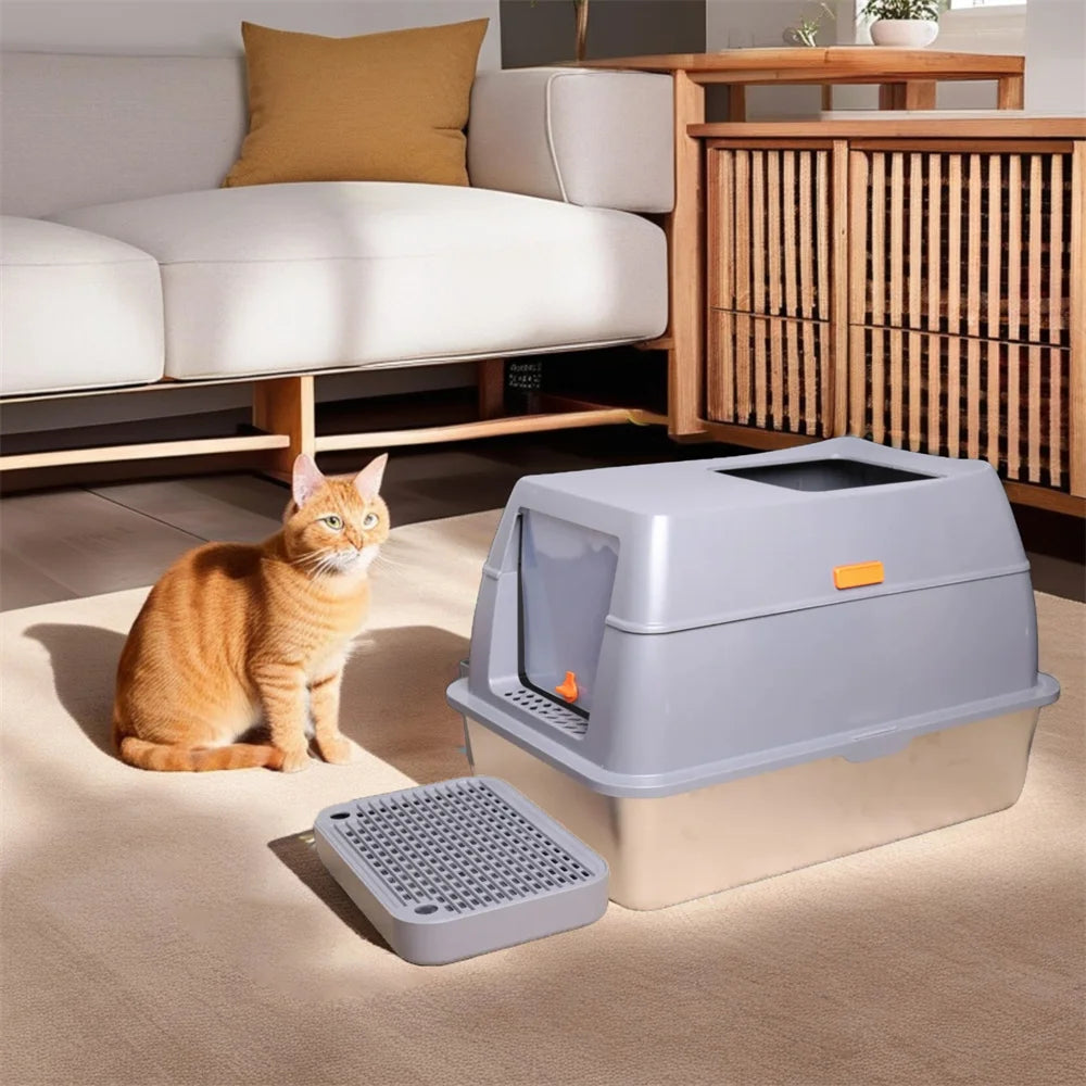 XXL Enclosed Stainless Steel Cat Litter Box with Lid