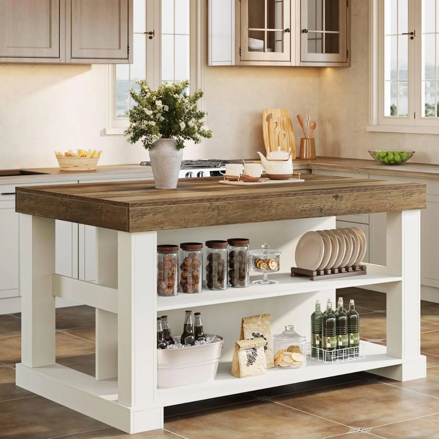 55 Inch Farmhouse Kitchen Island With Storage And Seating