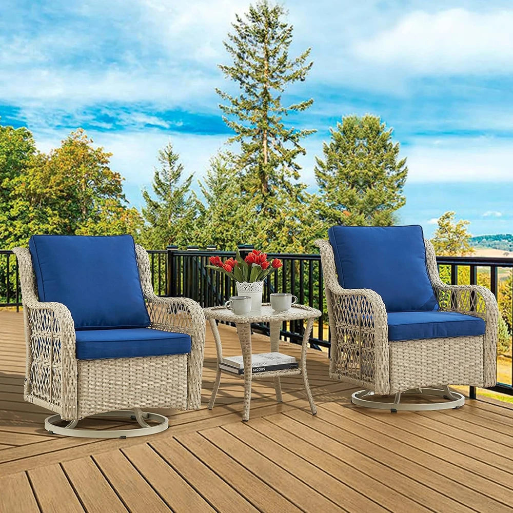 HiMISS 3-Piece Wicker Patio Set Swivel Rocking Chairs Glass Table