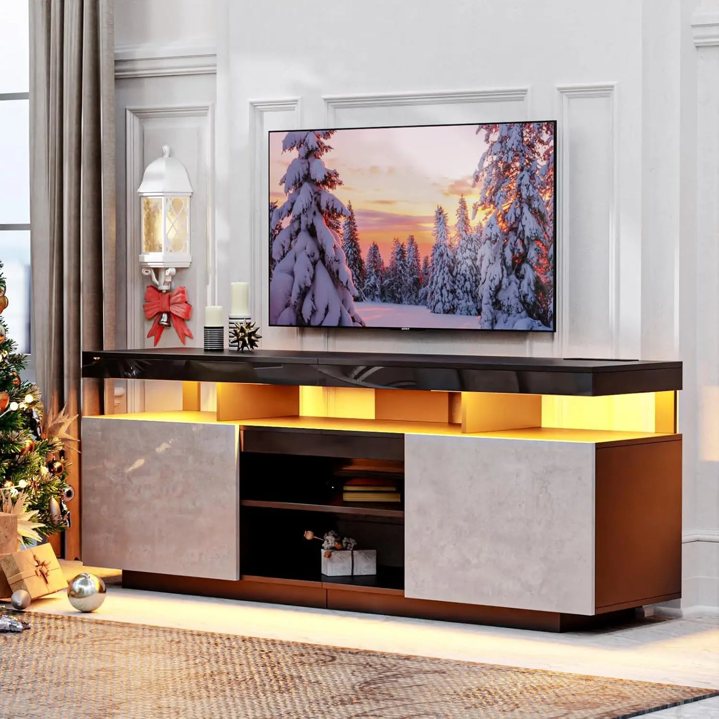 75 Inch LED TV Stand Modern Tall Entertainment Walnut