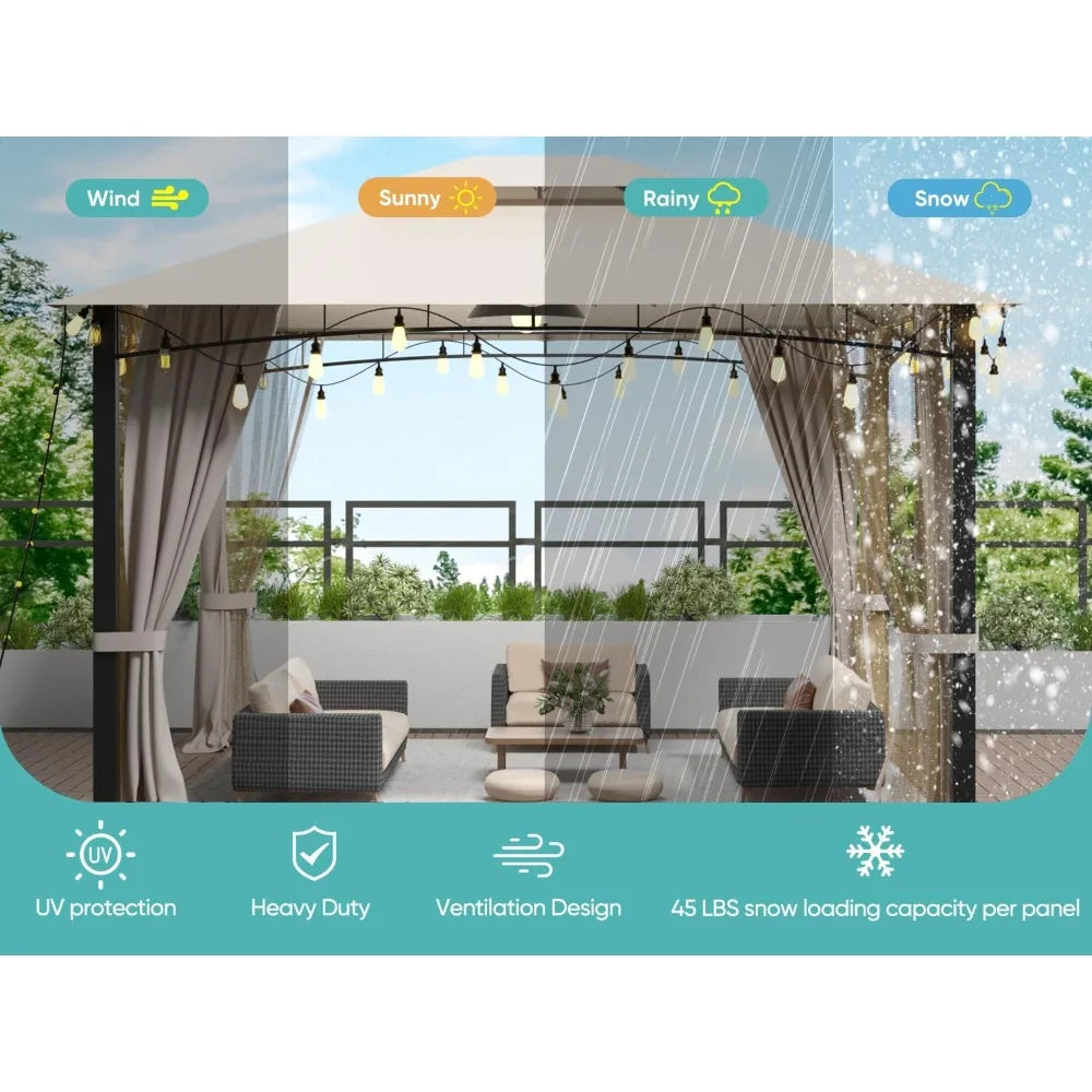 Heavy Duty 10x12 Patio Gazebo with Double Roof and Privacy Curtains