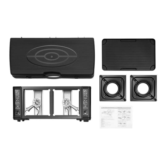 Black Portable Camping Stove With 2 Burners And Grill Tray