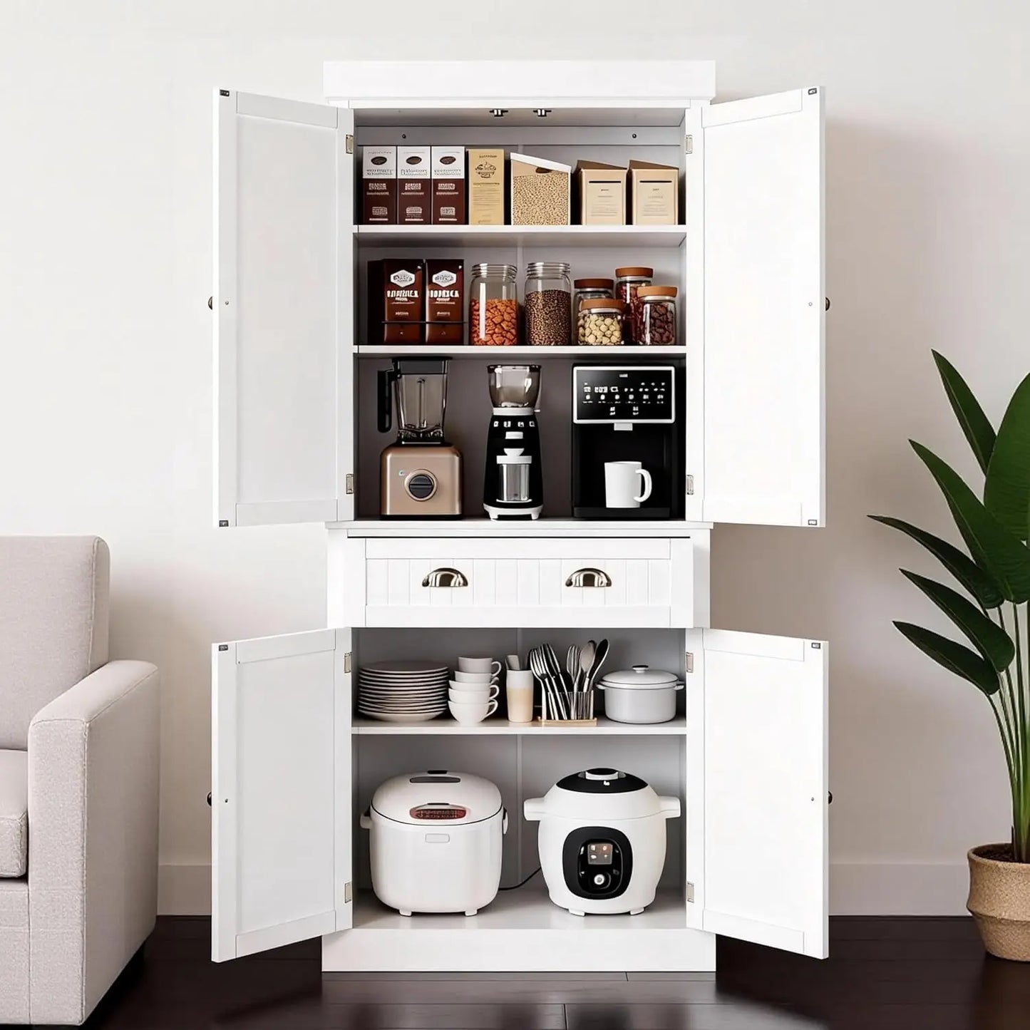 Freestanding Kitchen Storage Cabinet With Adjustable Shelves And Drawers