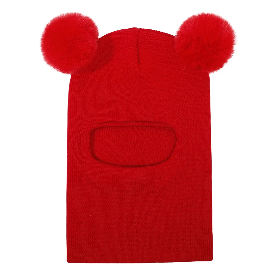 Kids Double Ball Ear Protection Knit Balaclava Hat