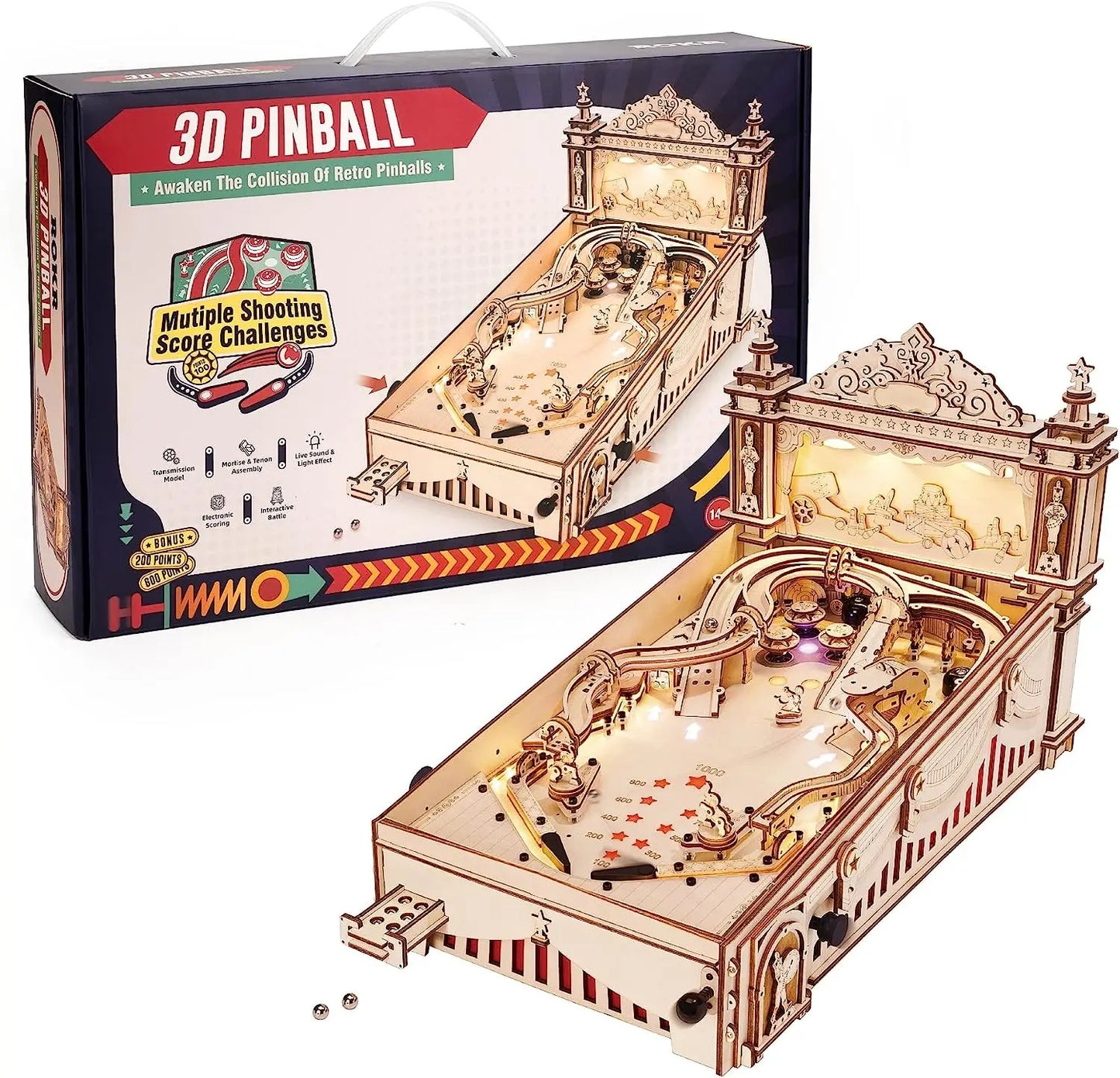 ROKR 3D Pinball Machine Wooden Puzzle DIY Kit for Adults