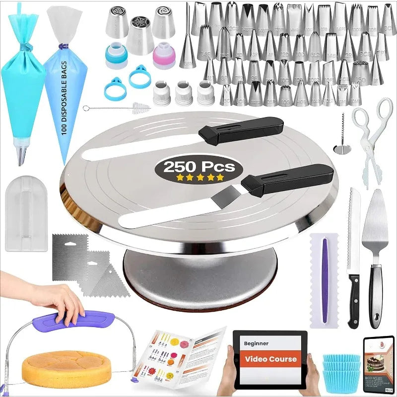 250 Piece Aluminum Cake Decorating Kit with Turntable and Tips
