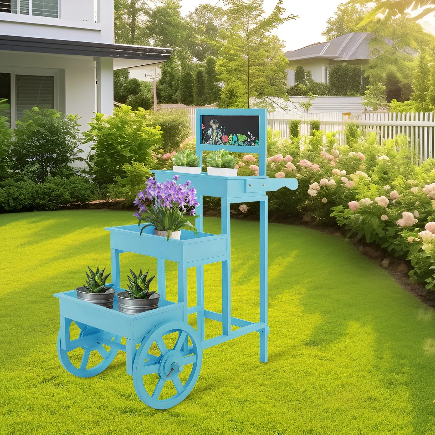 3-Tiered Flower Cart Display Stand With Blackboard Wheels