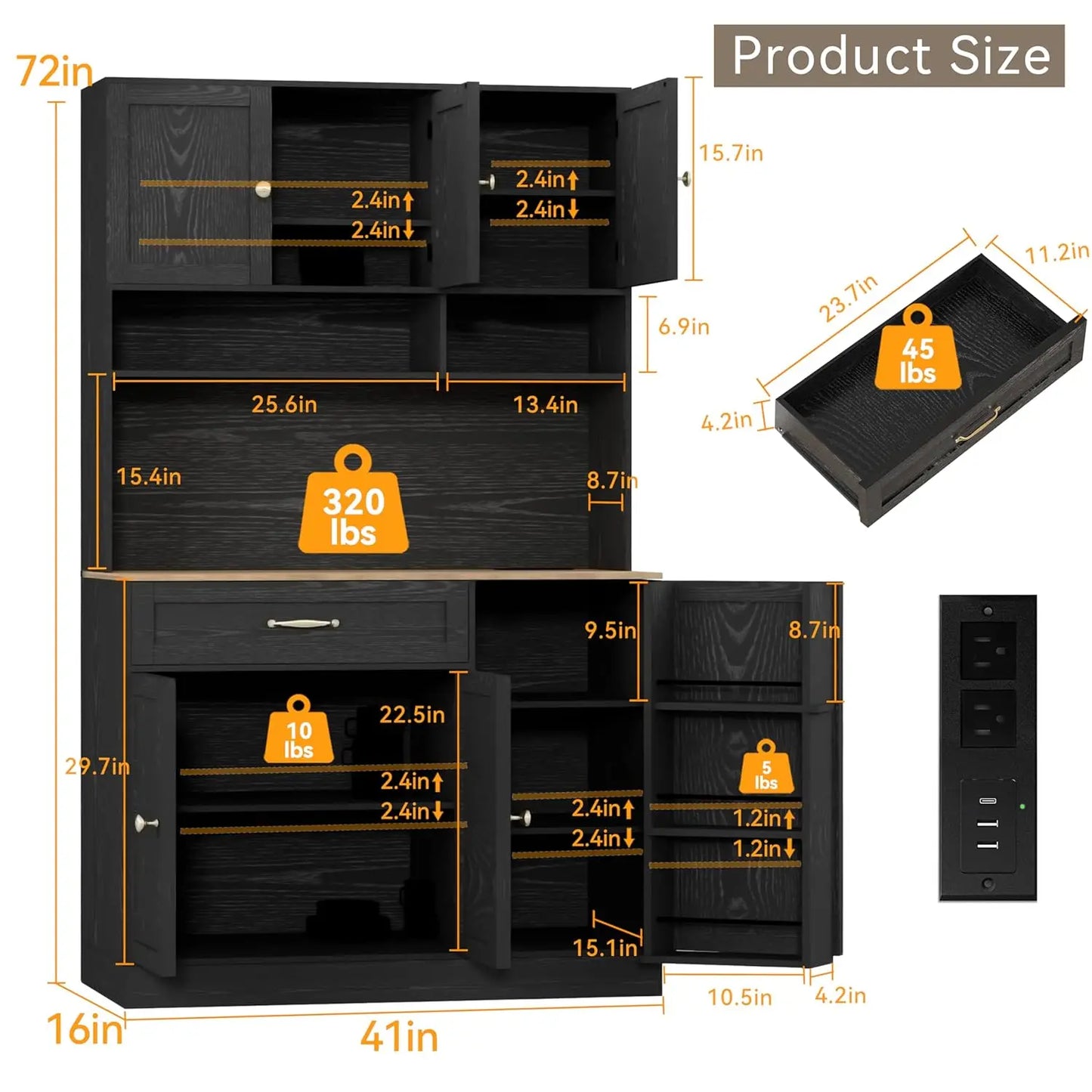 GUANGBAI Kitchen Pantry Cabinet With LED Lighting And Charging
