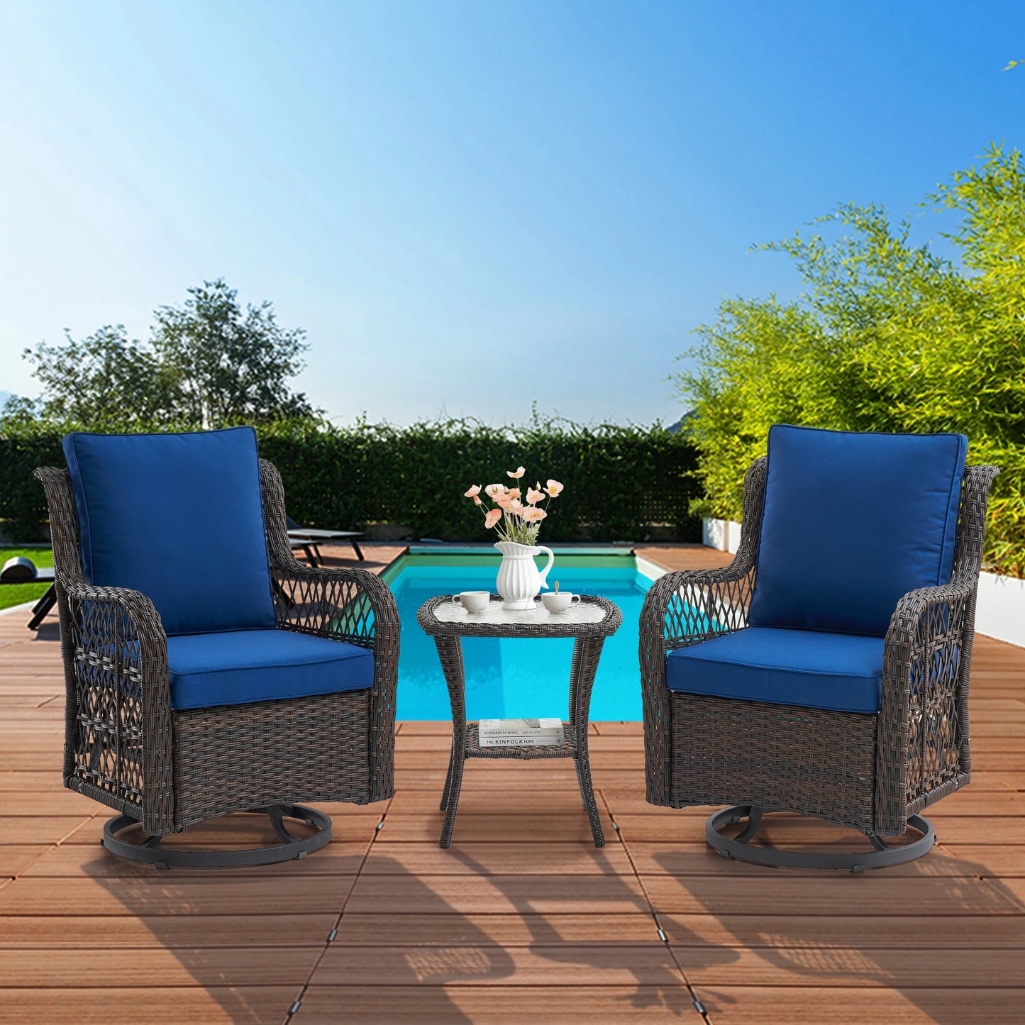 HobbyLane 3 Piece Outdoor Wicker Swivel Chair Set With Table