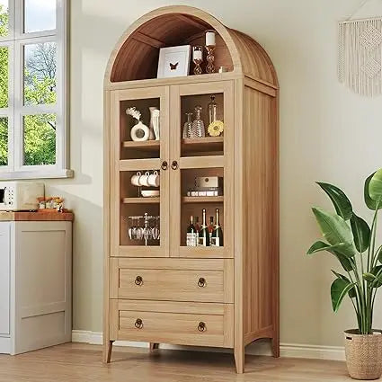 Arched Pantry Cabinet With LED Lights Two Drawers Adjustable Shelves