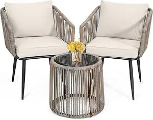 Boho 3 Piece Wicker Bistro Set with Washable Cushions