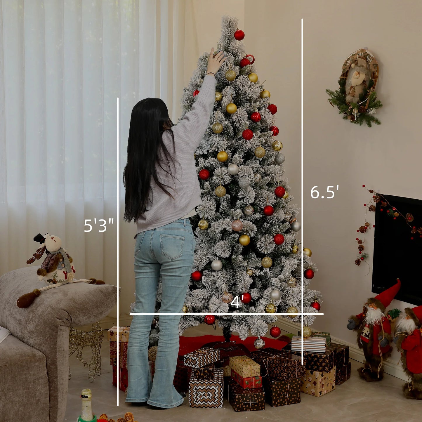 Homcom 6.5 Ft Prelit Flocked Christmas Tree With Lights