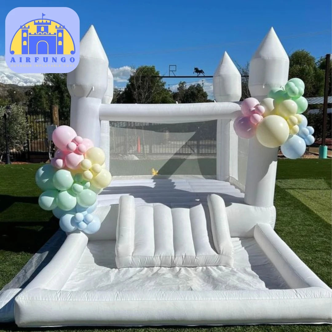 Kids 9x9x7ft Soft Play White Bounce House With Slide Ball Pit Party Customization Inflatable Mini Bouncy Castle With Blower