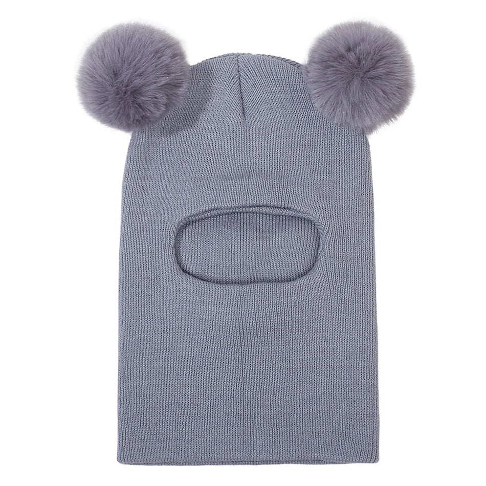 Kids Double Ball Ear Protection Knit Balaclava Hat