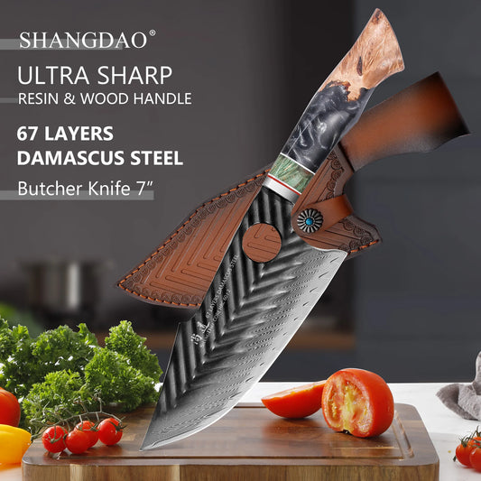 Shangdao Damascus Butcher Knife Viking Cleaver Resin Wood Handle