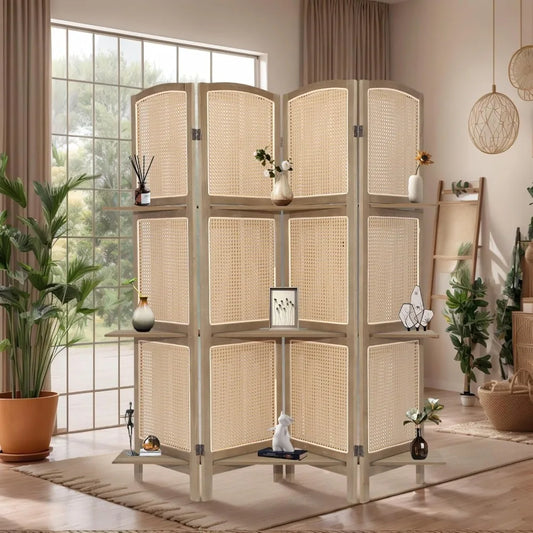 4 Panel Room Divider With Shelves Folding Privacy Screen