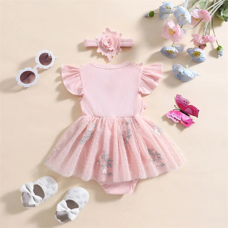 Newborn Baby Girls Sleeveless Romper Dress With Floral Mesh Skirt