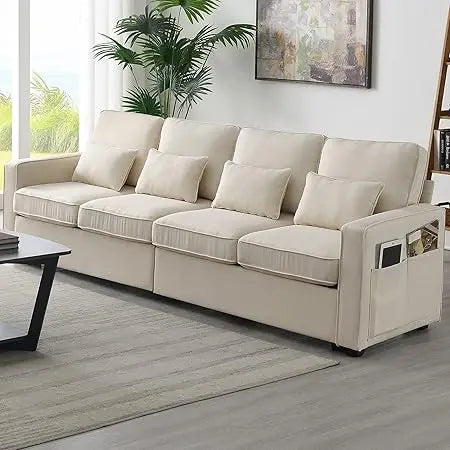 104 Inch Modern 4-Seater Linen Sofa with Pillows and Pockets
