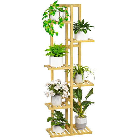 Six Tier Natural Bamboo Plant Stand Tall Corner Shelf
