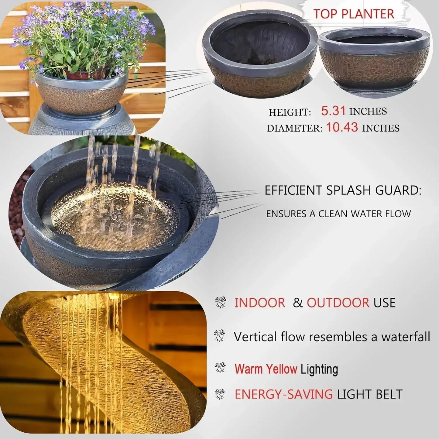 S Shaped Outdoor Water Fountain With LED Lights Planter Bowl