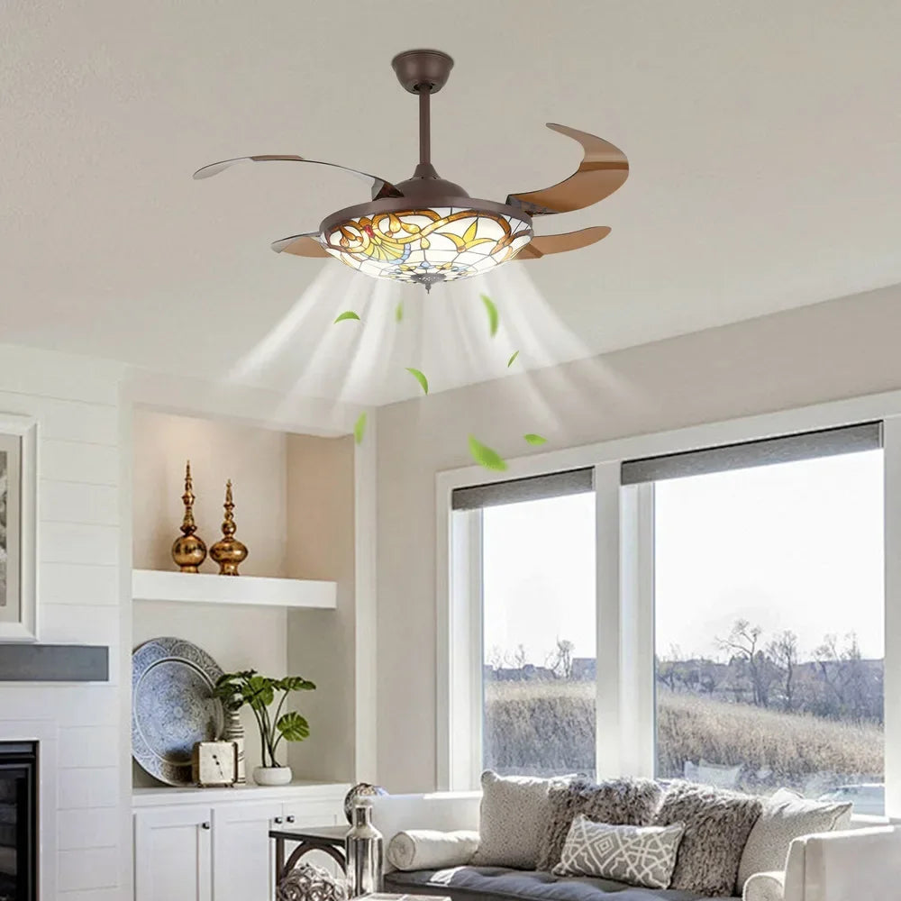 Tiffany Style Ceiling Fan With LED Light And Remote Control