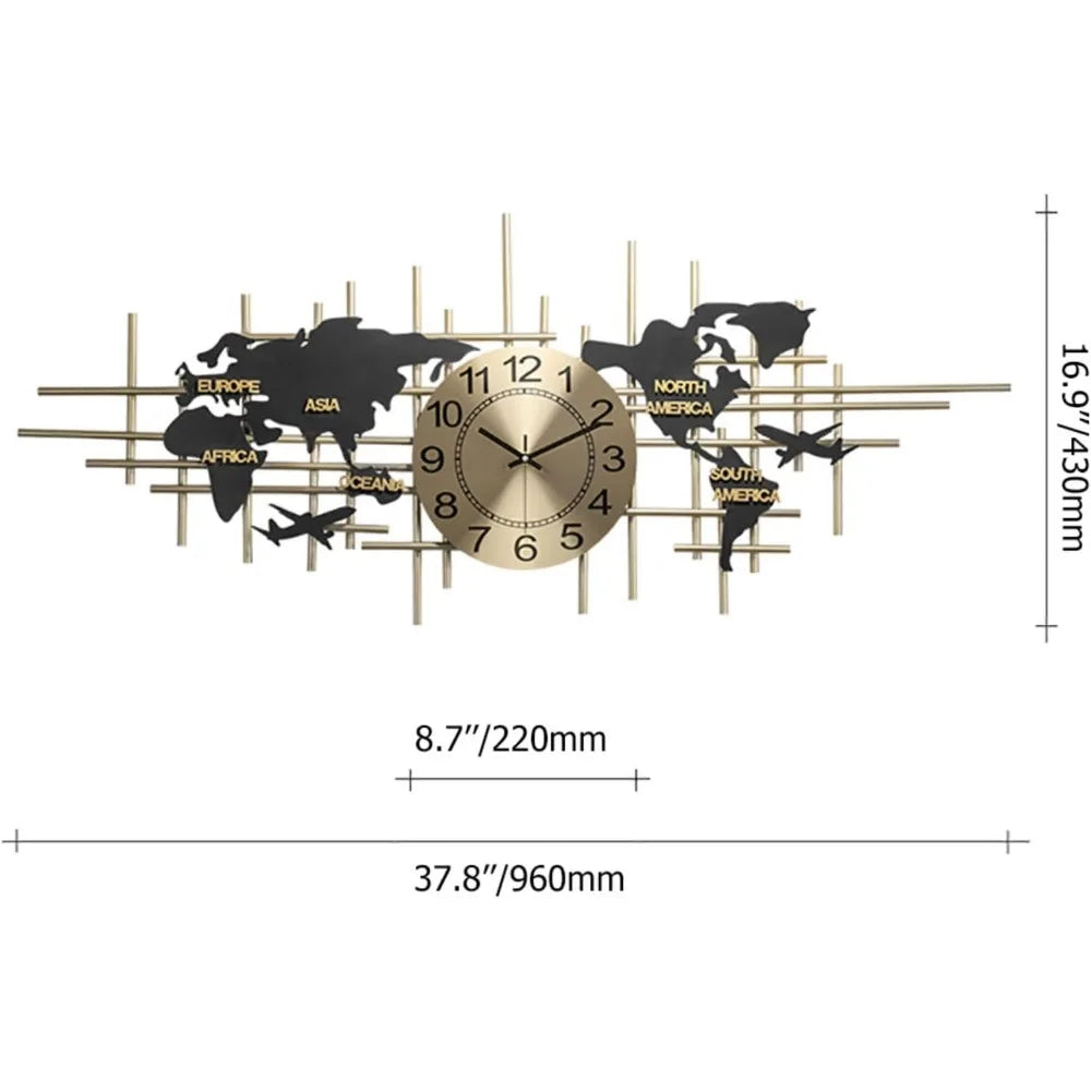 Modern 3D World Map Wall Clock in Bronze Gold