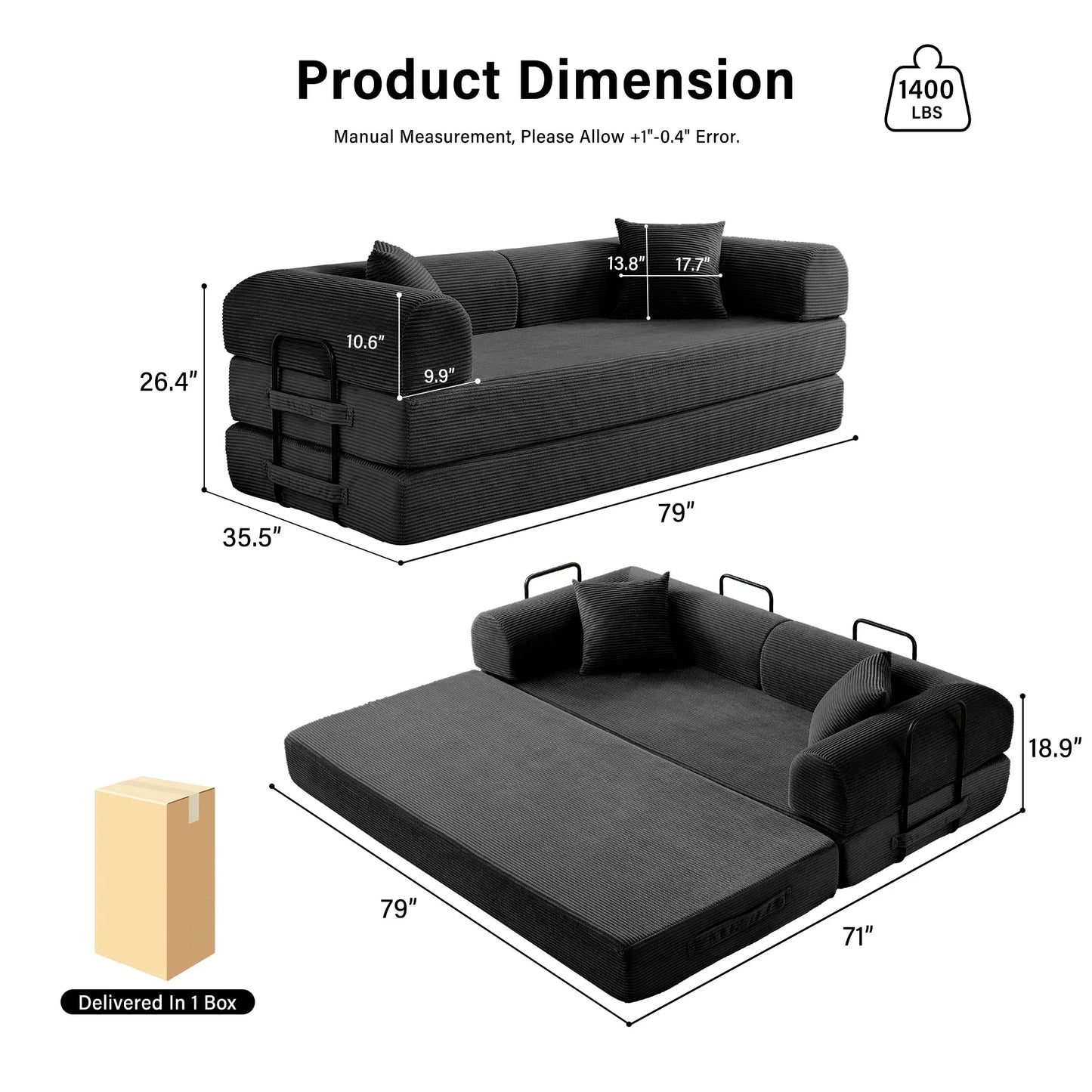 Foldable Convertible Futon Sofa Bed With L Shape Armrests
