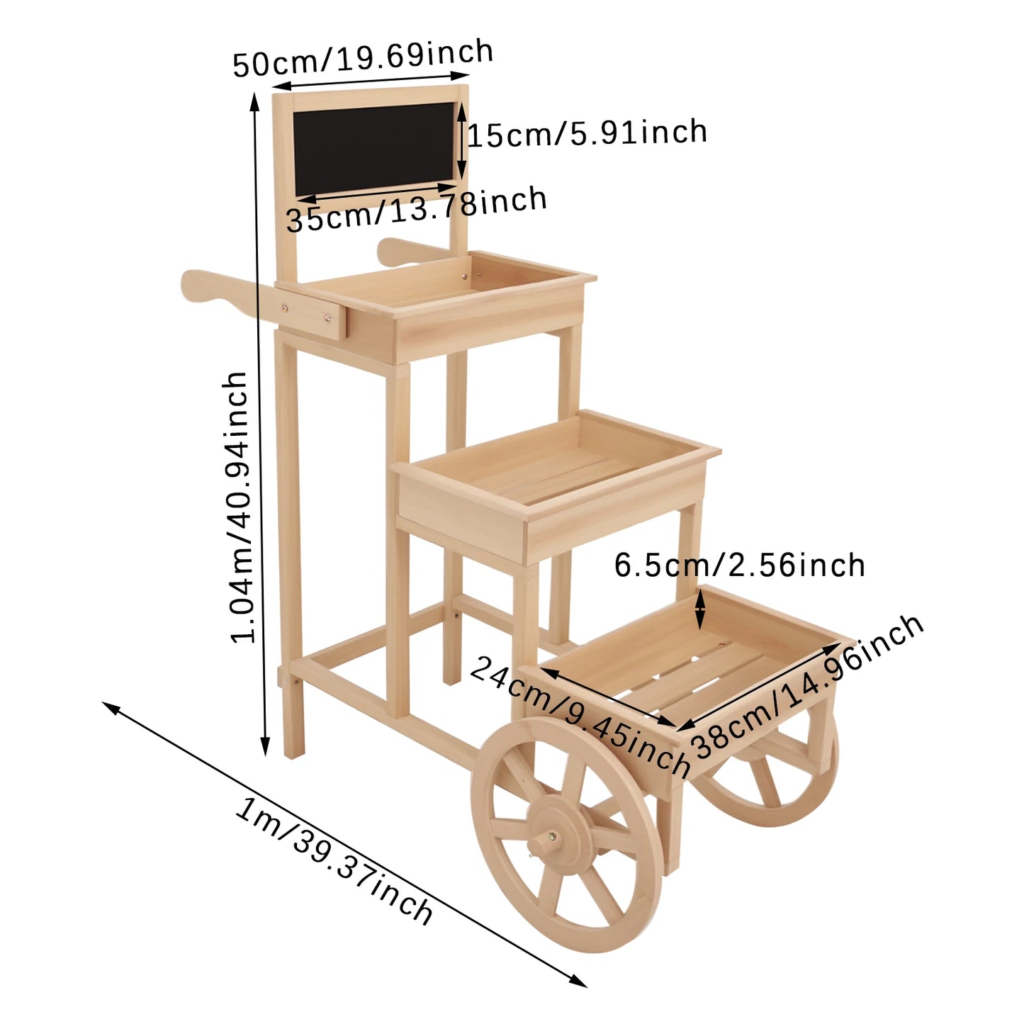 3-Tiered Flower Cart Display Stand With Blackboard Wheels