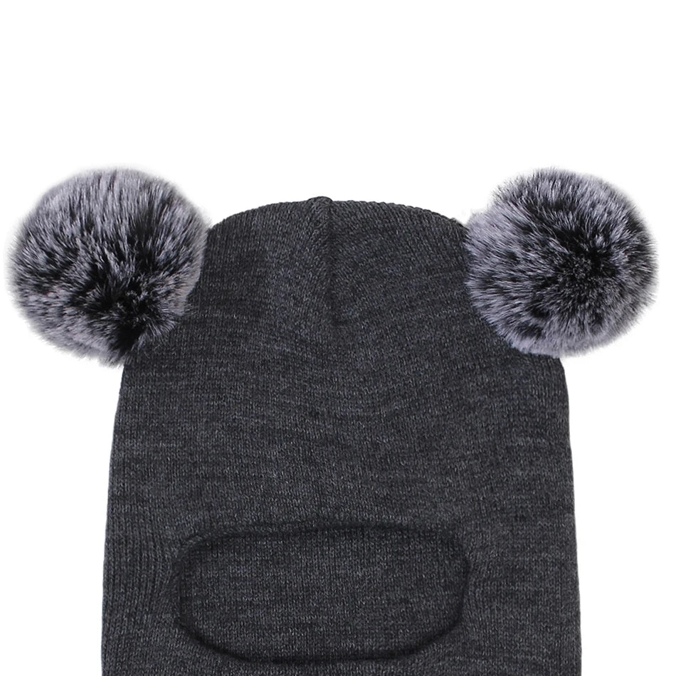 Kids Double Ball Ear Protection Knit Balaclava Hat