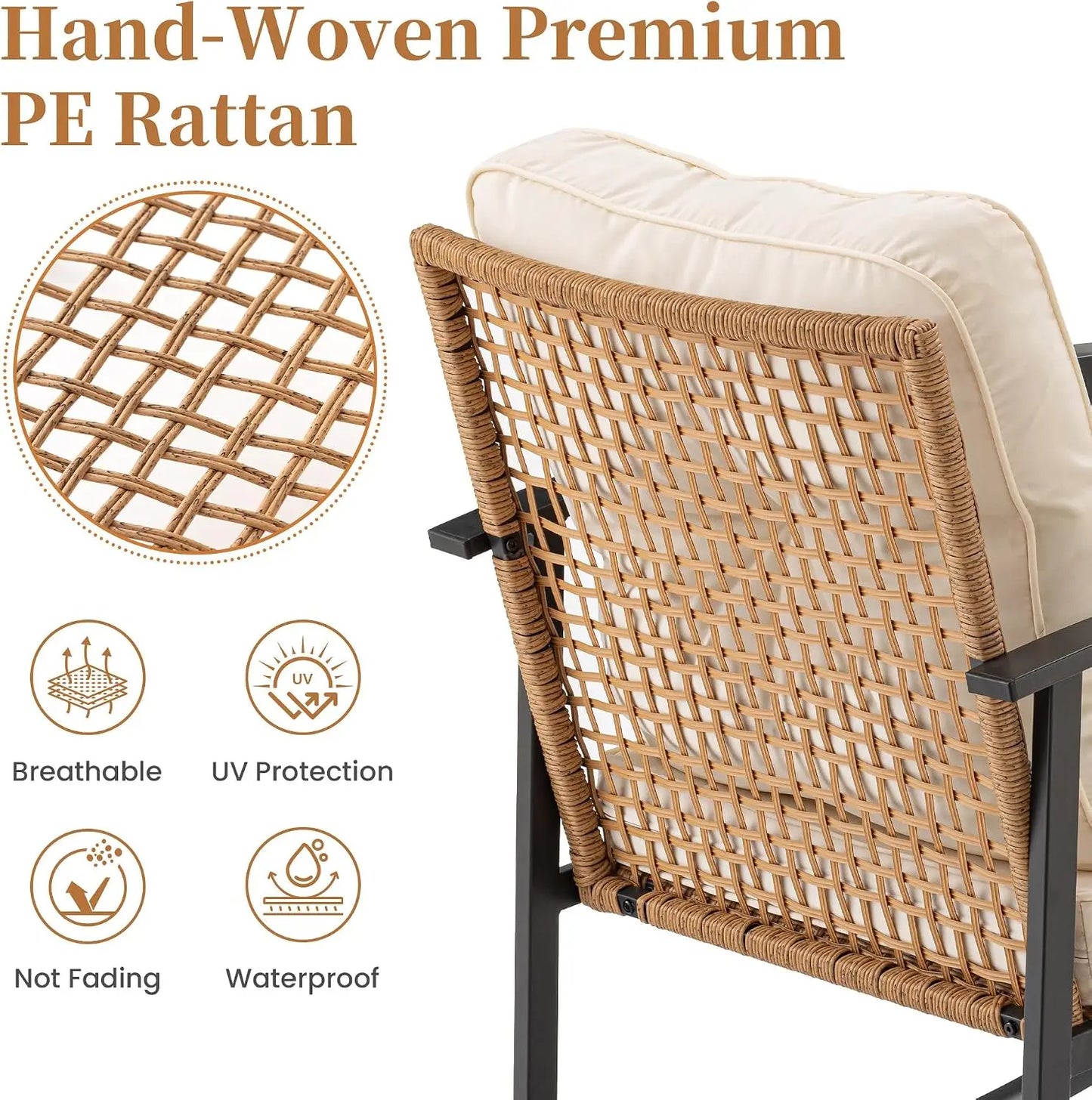 Three Piece Rocking Bistro Rattan Chairs With Cushions And Table