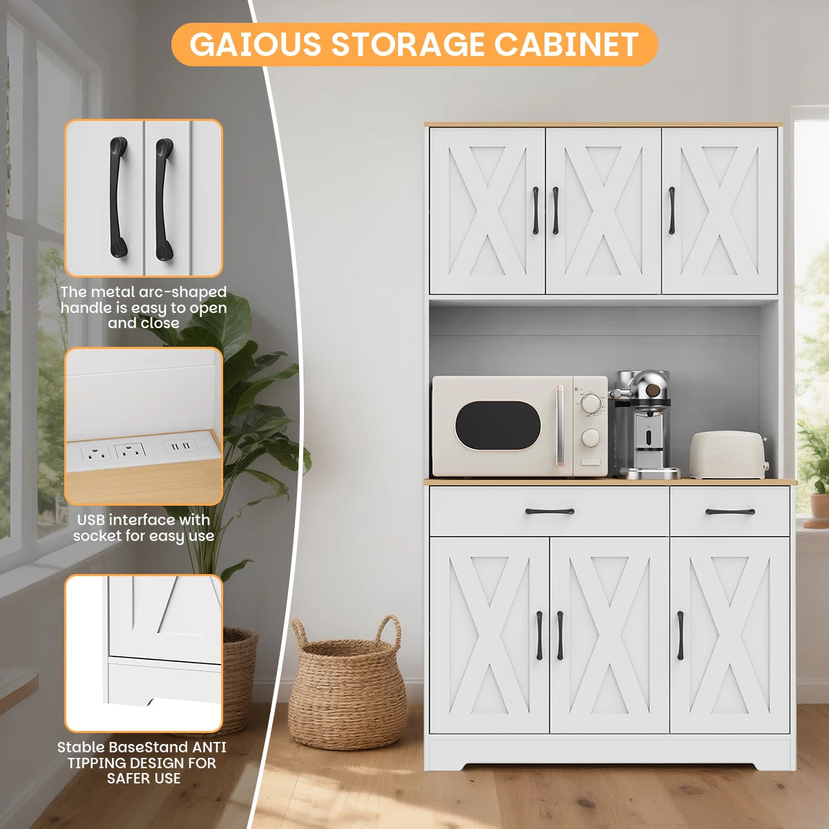 Huisenitre Freestanding Pantry Cabinet With Charging Station Adjustable Shelves