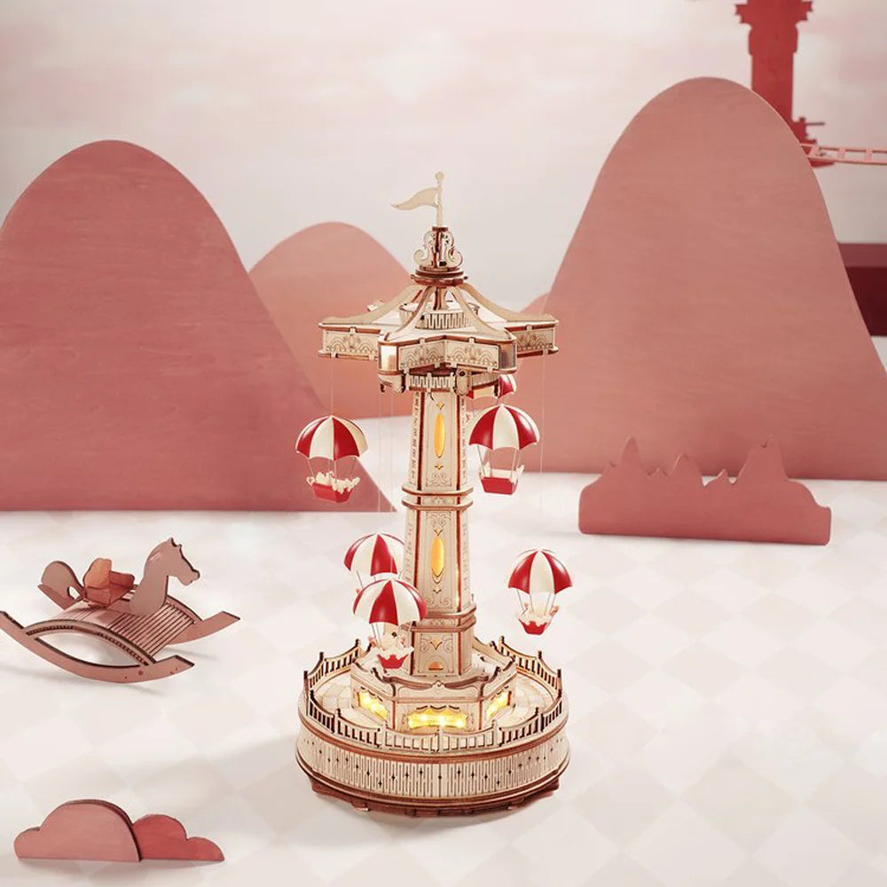 Robotime Parachute Tower DIY Music Box 3D Wooden Puzzle Amusement Park