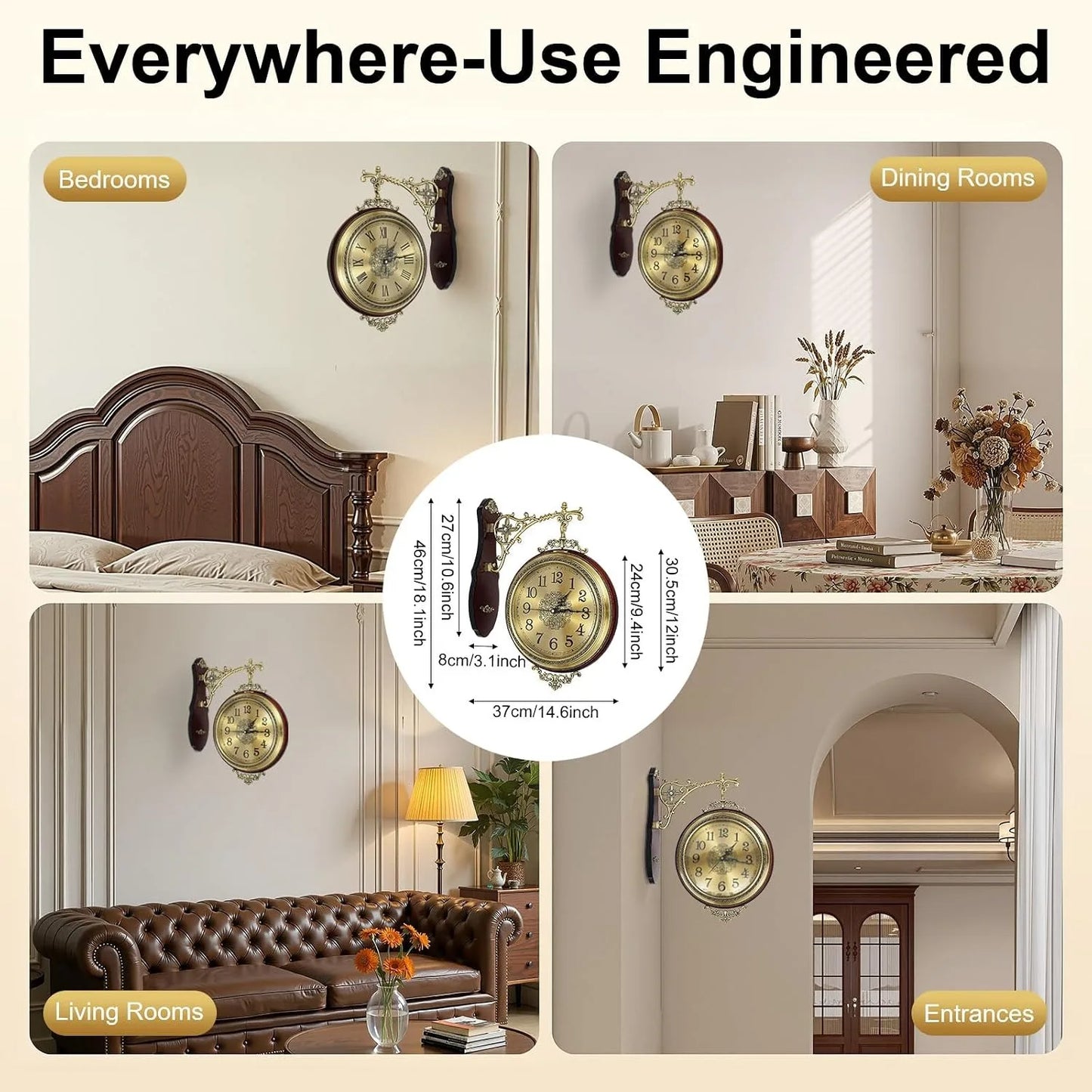 Double Sided Rotating Wall Clock European Alloy Style