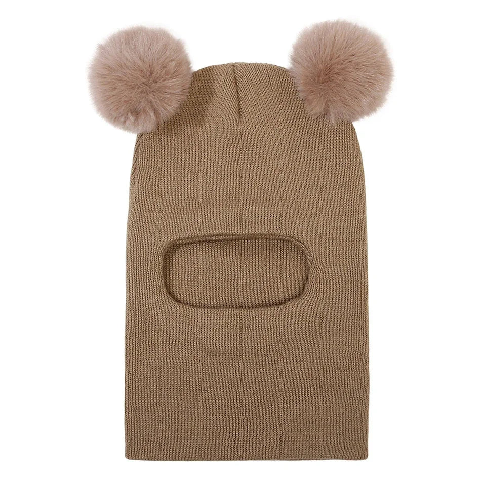 Kids Double Ball Ear Protection Knit Balaclava Hat