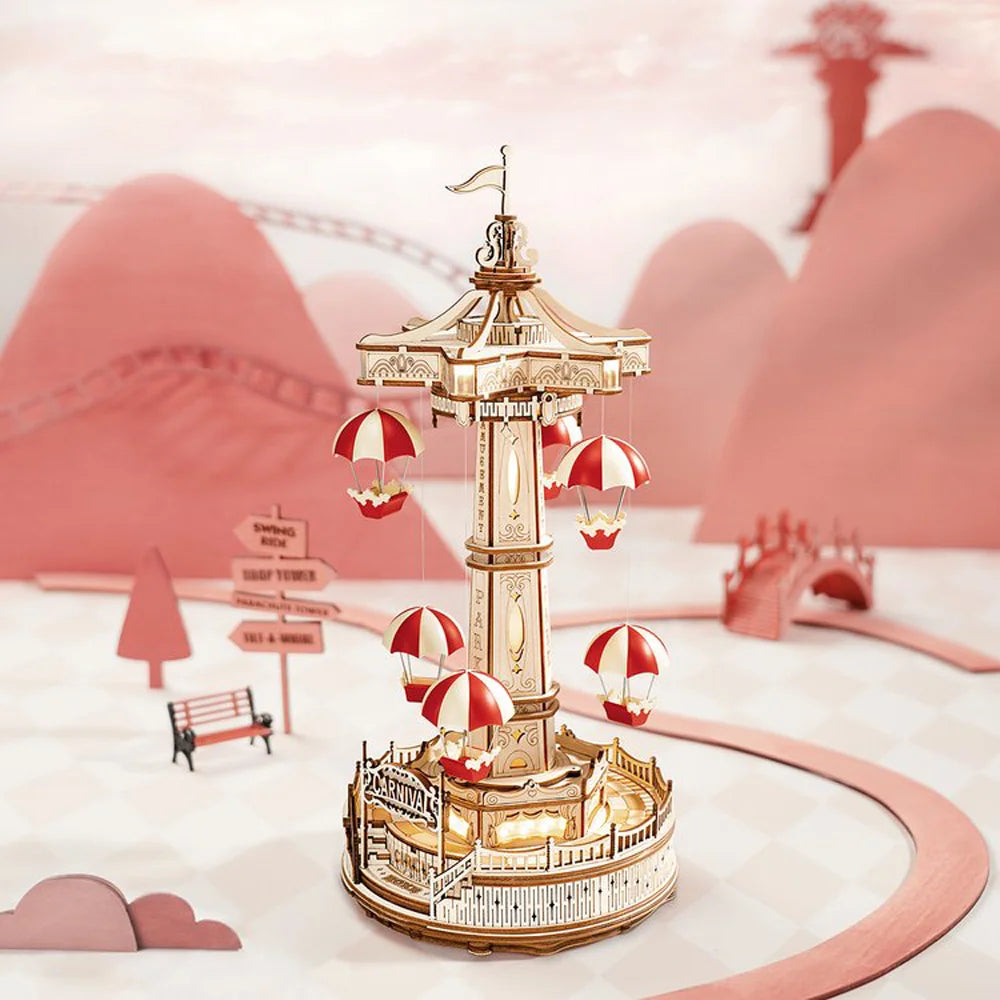 Robotime Parachute Tower DIY Music Box 3D Wooden Puzzle Amusement Park