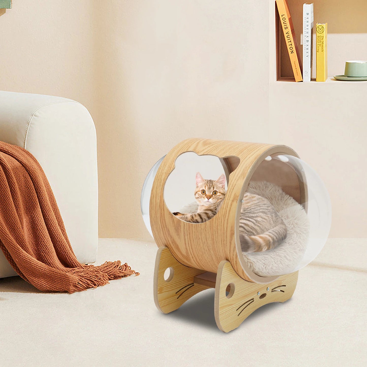 Modern Cat Wooden Bed House Space Capsule with Cushion