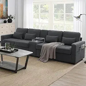 104 Inch Modern 4-Seater Linen Sofa with Pillows and Pockets