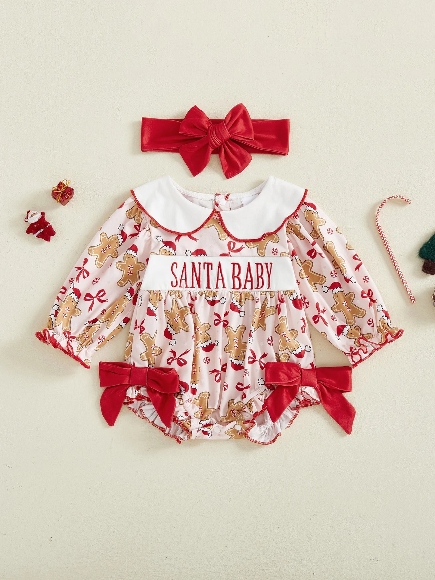 CN Guangdong Baby Girl Christmas Gingerbread Romper Headband Set