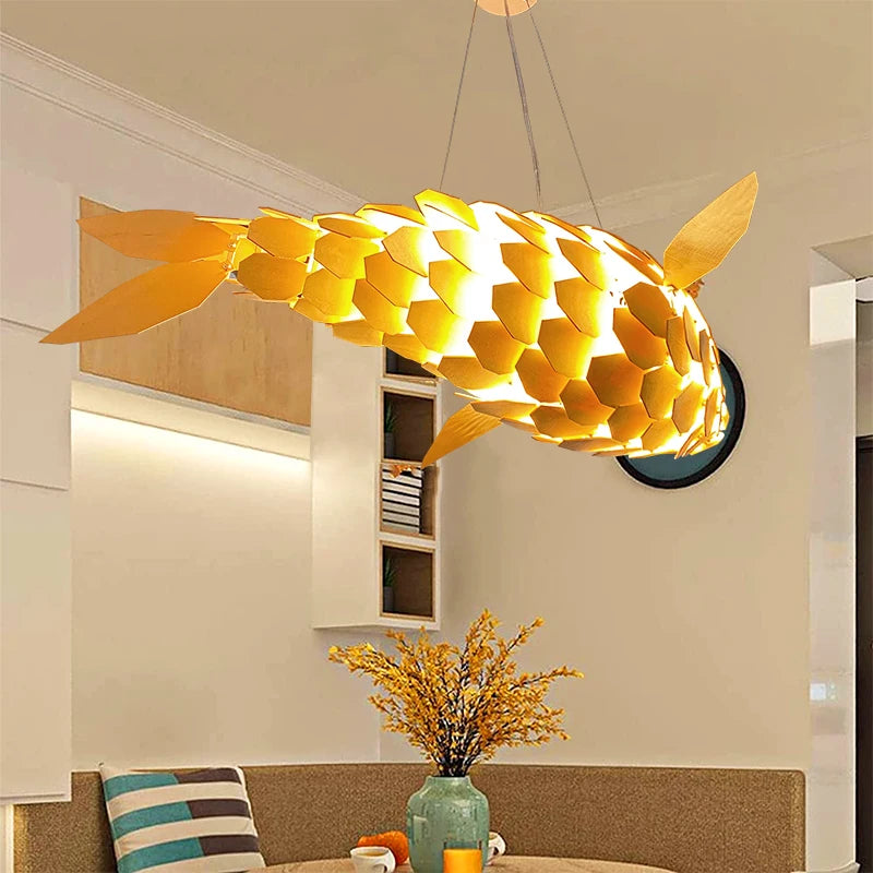 Fish Shape Wood Ceiling Pendant Lamp Handwoven Restaurants